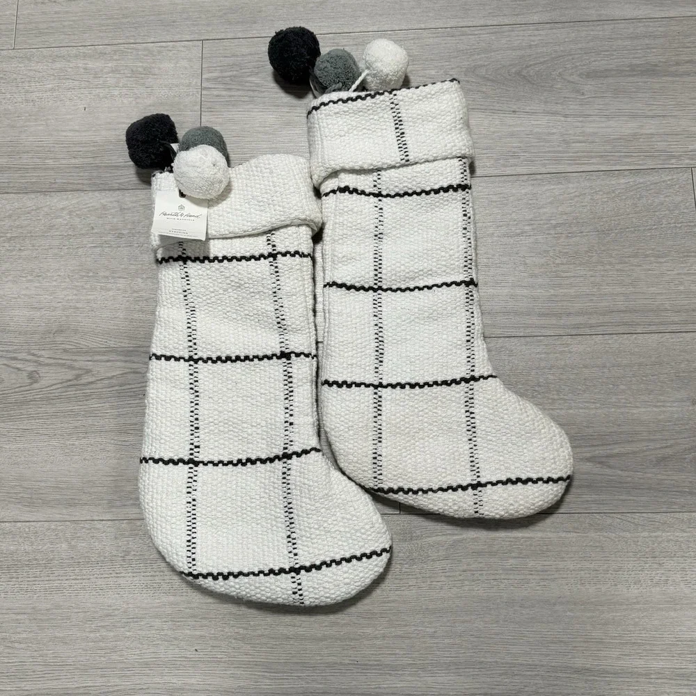NWT Heart & Hand See Of 2 Magnolia Windowpane Plaid Christmas Stockings W/poms